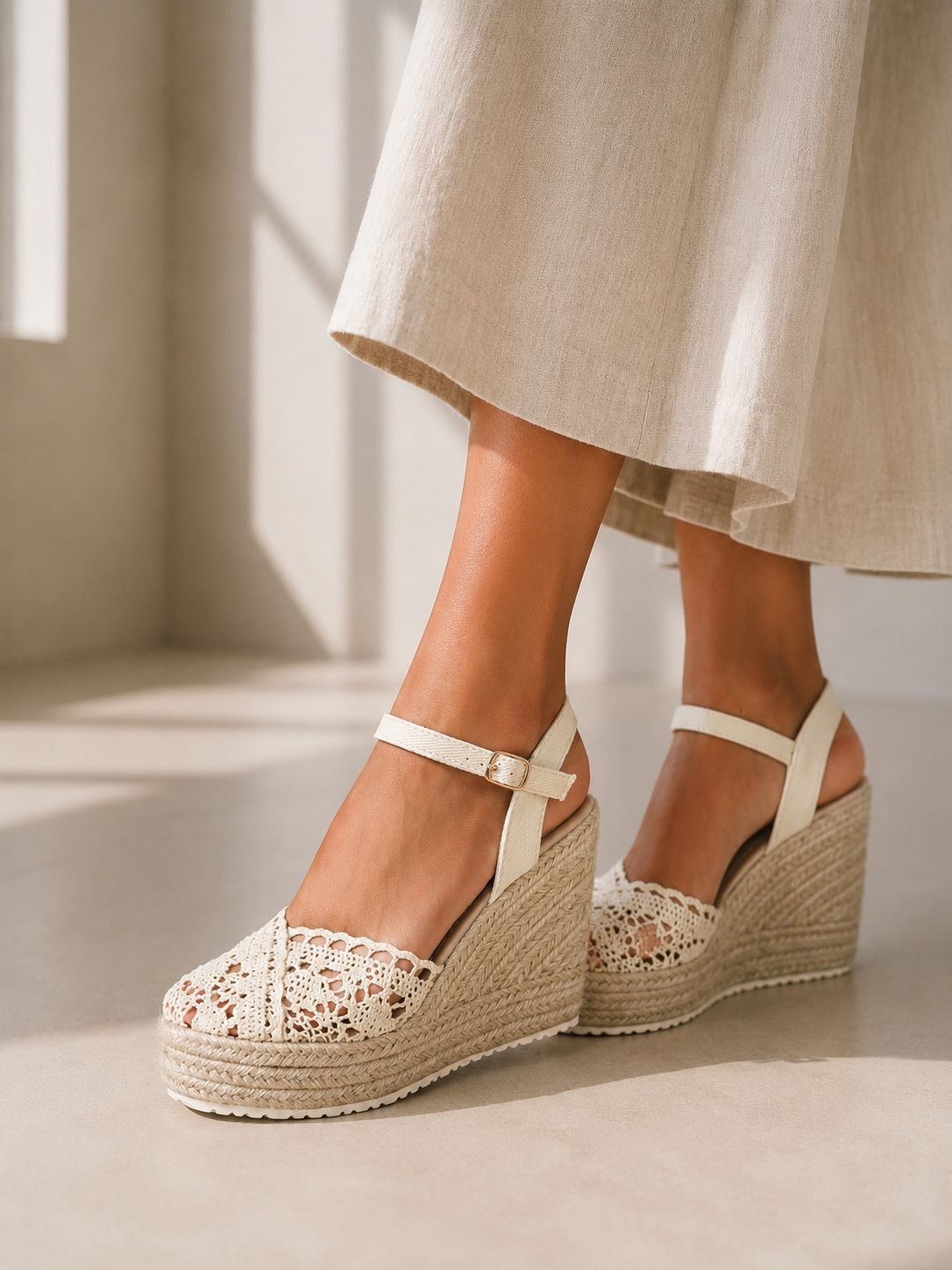Crochet Espadrille Wedge Sandals – Apricot
