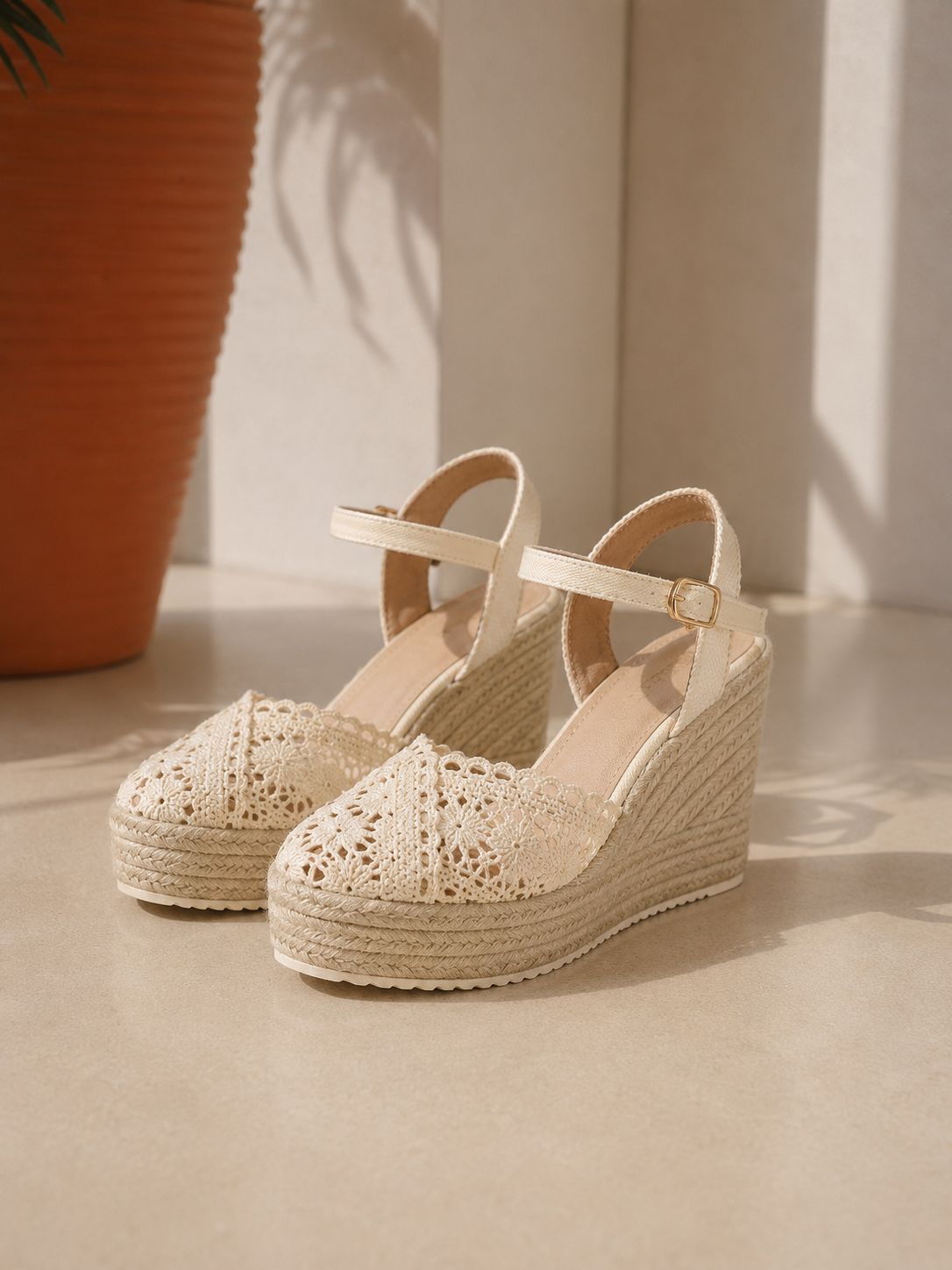 Crochet Espadrille Wedge Sandals – Apricot